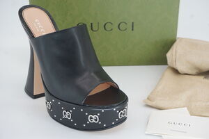 Gucci Malaga Black Open Toe Slide Mule GG Logo Platform Sandals SZ 38.5 $1190